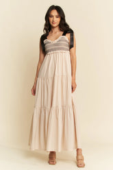 Davi & Dani Multi Contrast Smocked Bodice Straps Maxi Dress BEIGE OutfitFlow